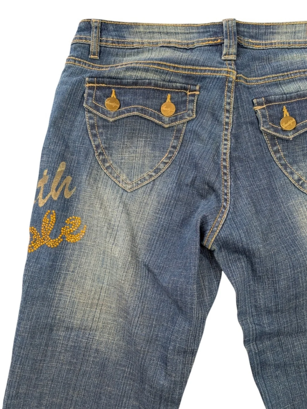 Y2K South Pole Rolled Cuff Denim Capri Jeans with Gold Stud Logo. Sz. 13. W: 36